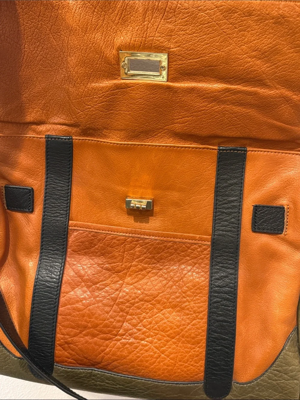 Roccatella Jane Belted Leather Satchel Bag in Cognac, Olive & Black